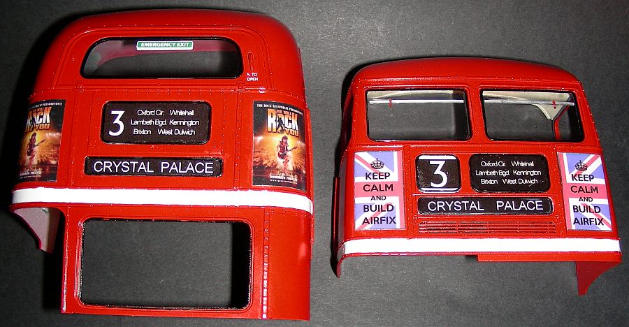 Dann noch vorne und hinten die obere Verkleidung.<br />Die Beschriftung und die Decals wurden selbst erstellt. Die Linienschilder sind auf Fotopapier gedruckt und ausgeschnitten. Die Linie 3 ist meine "Hauslinie", wenn ich in London bin. Sie fährt von der Crystal Palace Parade zum Oxford Circus und zurück. Am Crystal Palace Park ist ein Campingplatz, an dem ich mein Auto abstelle.